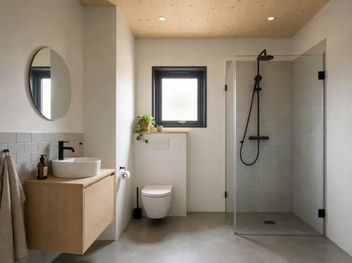 Baño equipado con acabados naturales